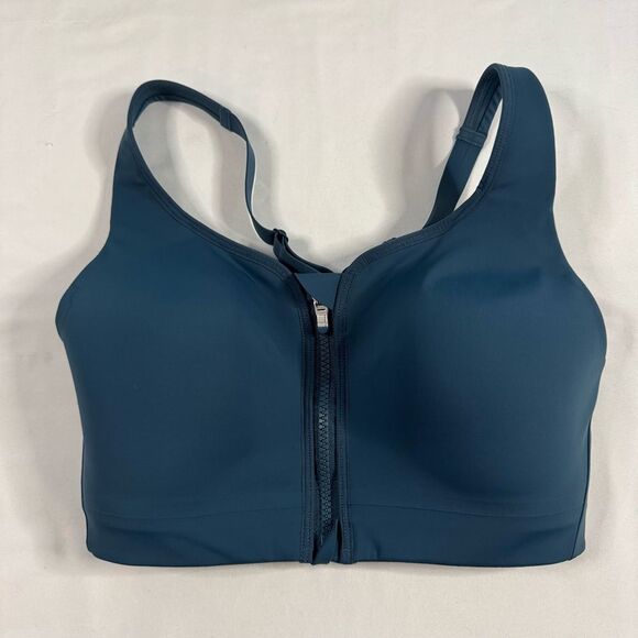 Athleta Advance Zip Front Sports Bra Size 32DD Blue Teal Gym High Impact HIIT - Picture 1 of 6